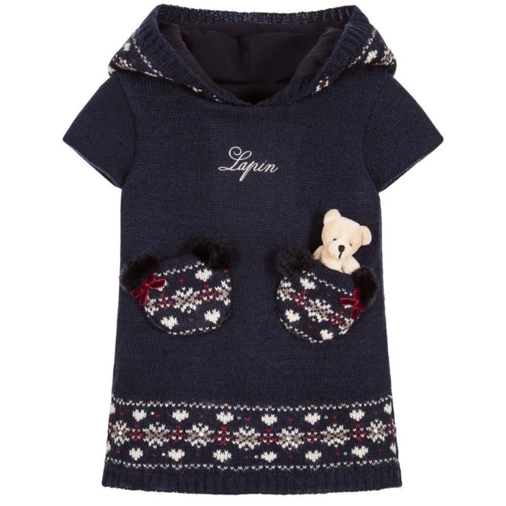 Lapin House Girls Blue Wool Knit Dress With Hood Size 6 Years‎